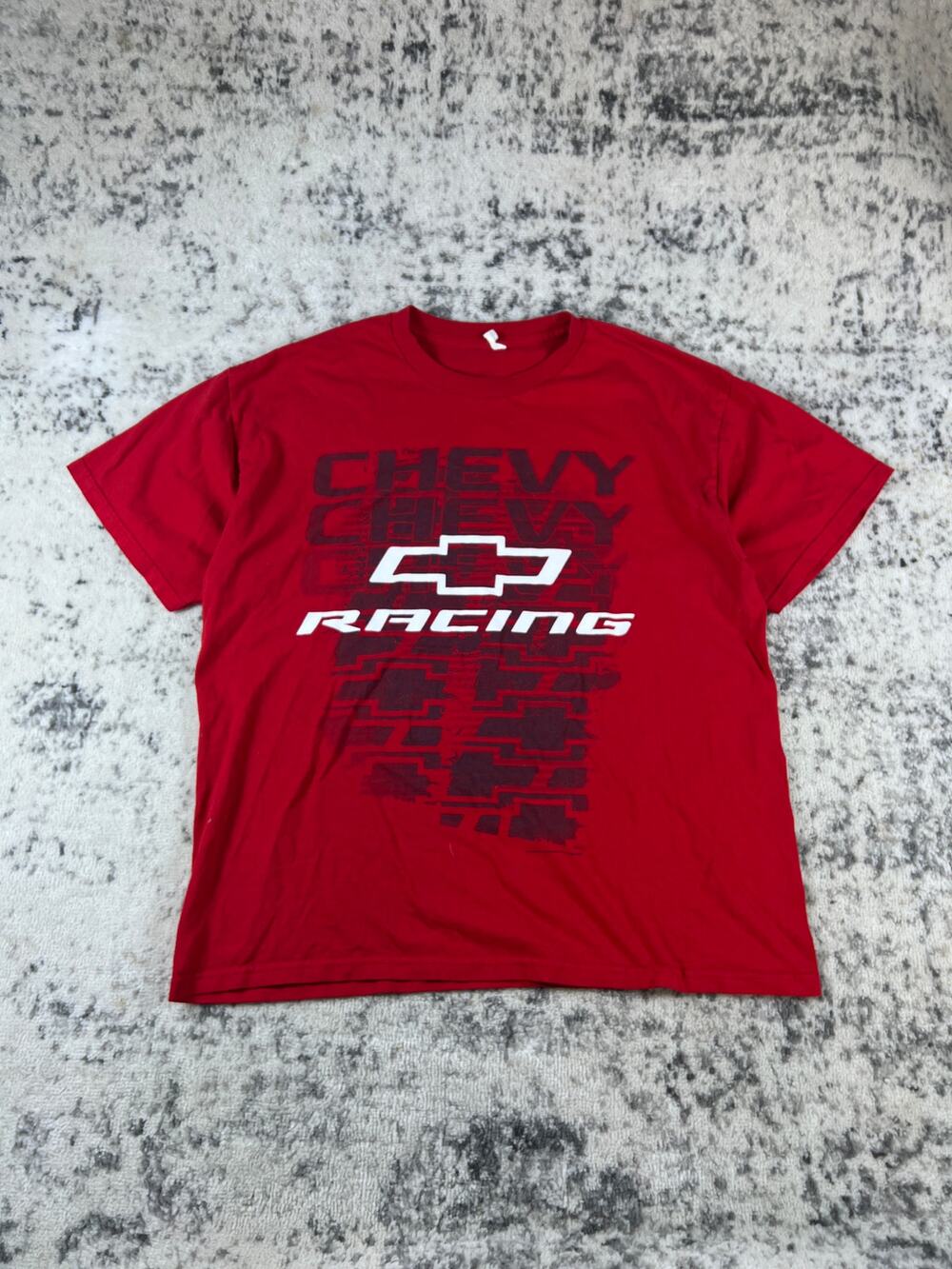 Chevy Racing T-Shirt Mens XL Red Crew Neck Bowtie Logo Sports Graphics Print Tee